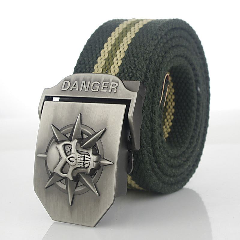 Men'S Skull Thicken Extended Canvas Training Belt Outdoor Sports Belt