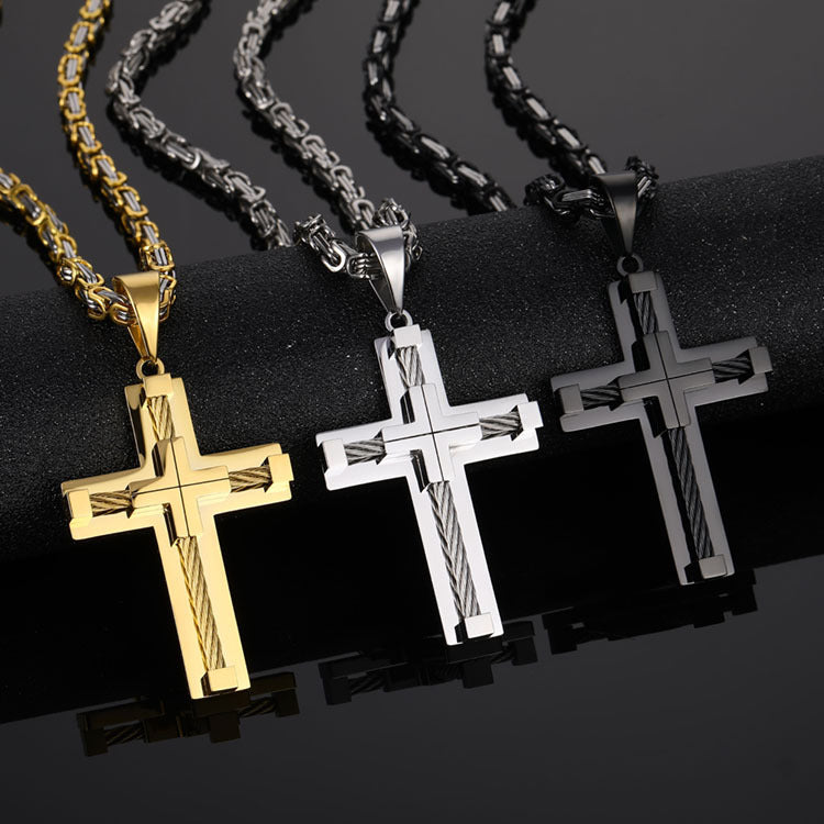 Men'S Religious Titanium Steel Wire Rope Cross Necklace