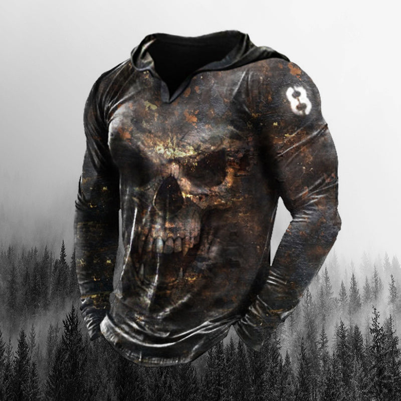 Vintage Metal Skull Print Mens Long-Sleeved Hooded T-Shirt