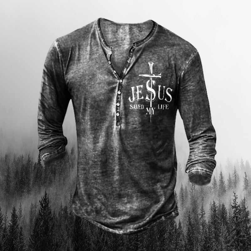 Mens Jesus Cross Button Henley Long Sleeve