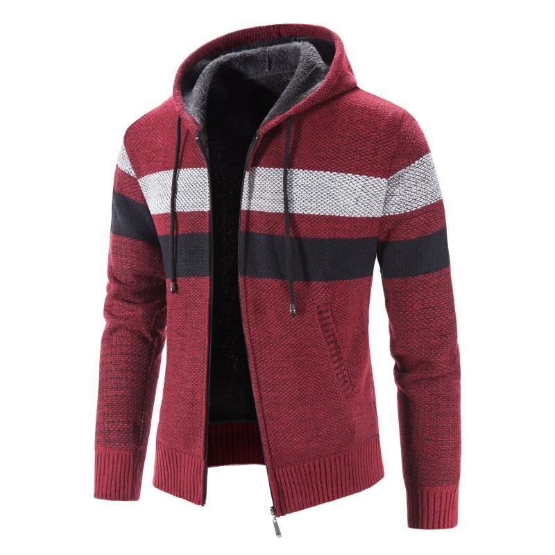 Mens Plus Fleece Sweater Cardigan Plus Size Hooded Striped Stitching Jacket