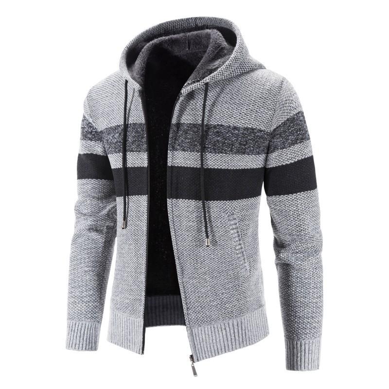 Mens Plus Fleece Sweater Cardigan Plus Size Hooded Striped Stitching Jacket