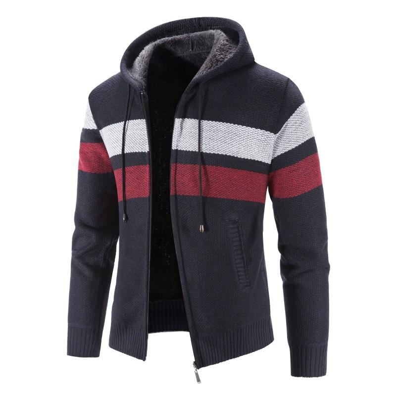 Mens Plus Fleece Sweater Cardigan Plus Size Hooded Striped Stitching Jacket