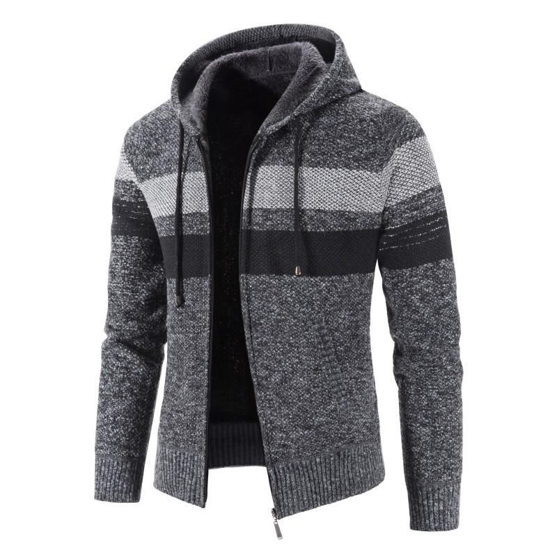 Mens Plus Fleece Sweater Cardigan Plus Size Hooded Striped Stitching Jacket