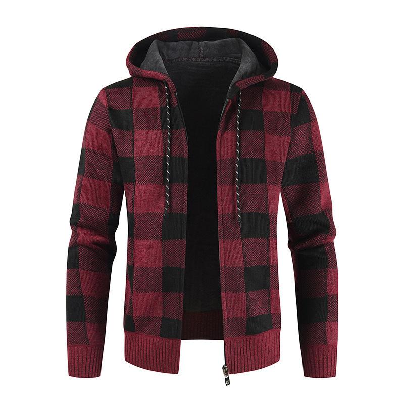 Mens Plus Velvet Thick Hooded Casual Plaid Knitted Cardigan Sweater Jacket