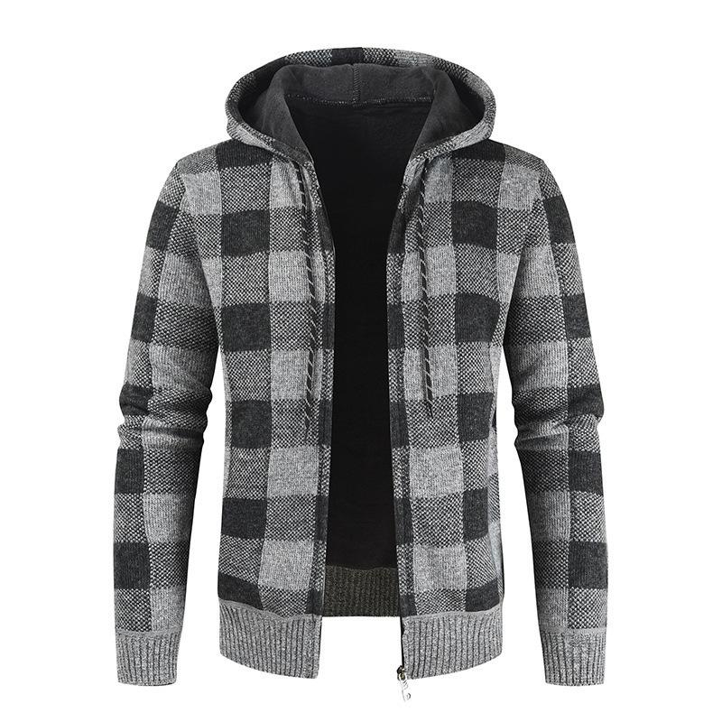 Mens Plus Velvet Thick Hooded Casual Plaid Knitted Cardigan Sweater Jacket