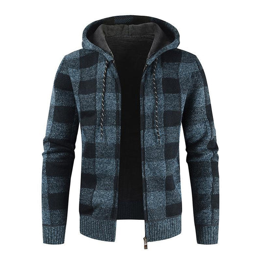 Mens Plus Velvet Thick Hooded Casual Plaid Knitted Cardigan Sweater Jacket