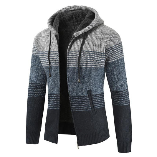 Mens Hooded Sweater Cardigan Loose Plus Fleece Thicken Colorblock Knit Sweater Jacket