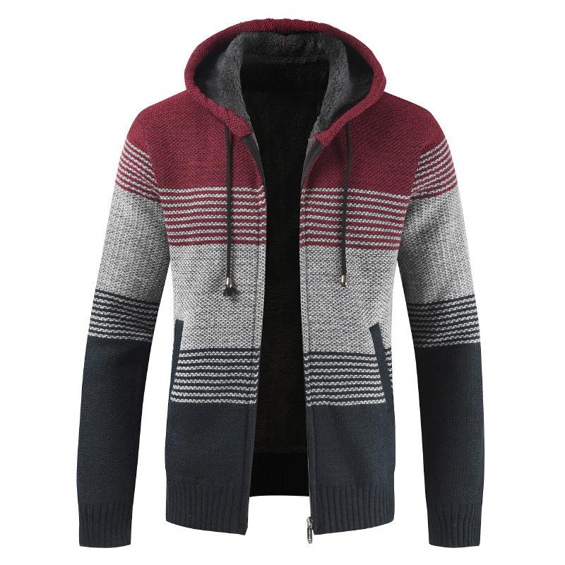 Mens Hooded Sweater Cardigan Loose Plus Fleece Thicken Colorblock Knit Sweater Jacket