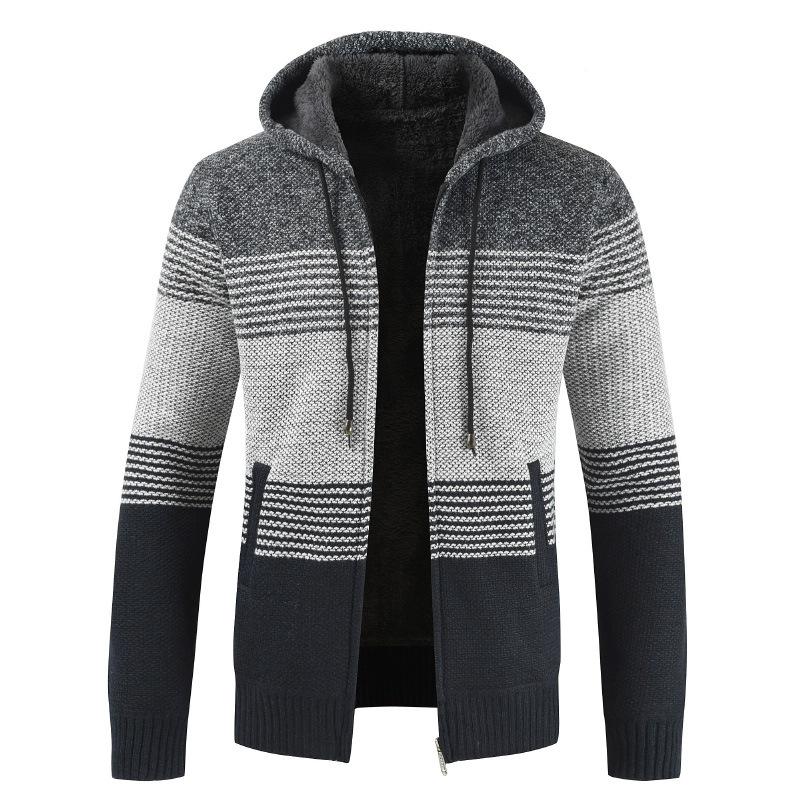 Mens Hooded Sweater Cardigan Loose Plus Fleece Thicken Colorblock Knit Sweater Jacket