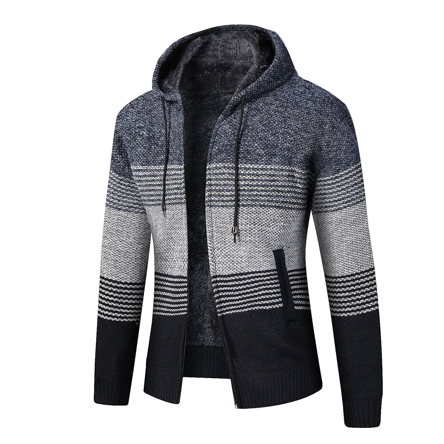 Mens Hooded Sweater Cardigan Loose Plus Fleece Thicken Colorblock Knit Sweater Jacket