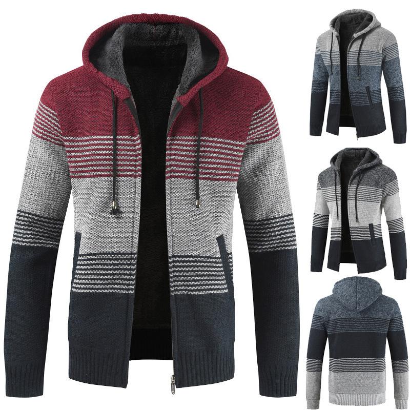 Mens Hooded Sweater Cardigan Loose Plus Fleece Thicken Colorblock Knit Sweater Jacket