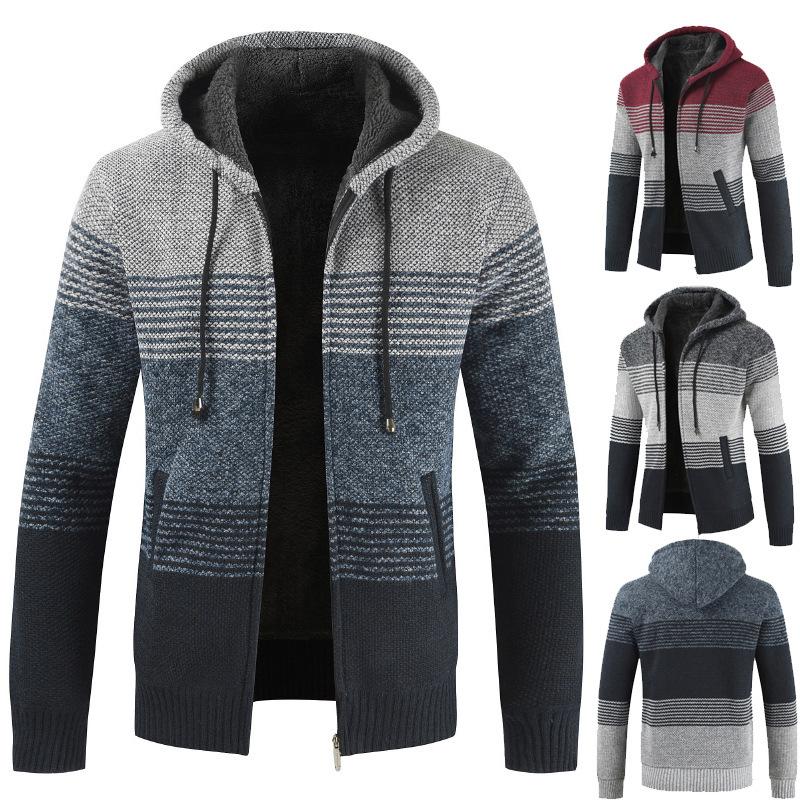 Mens Hooded Sweater Cardigan Loose Plus Fleece Thicken Colorblock Knit Sweater Jacket