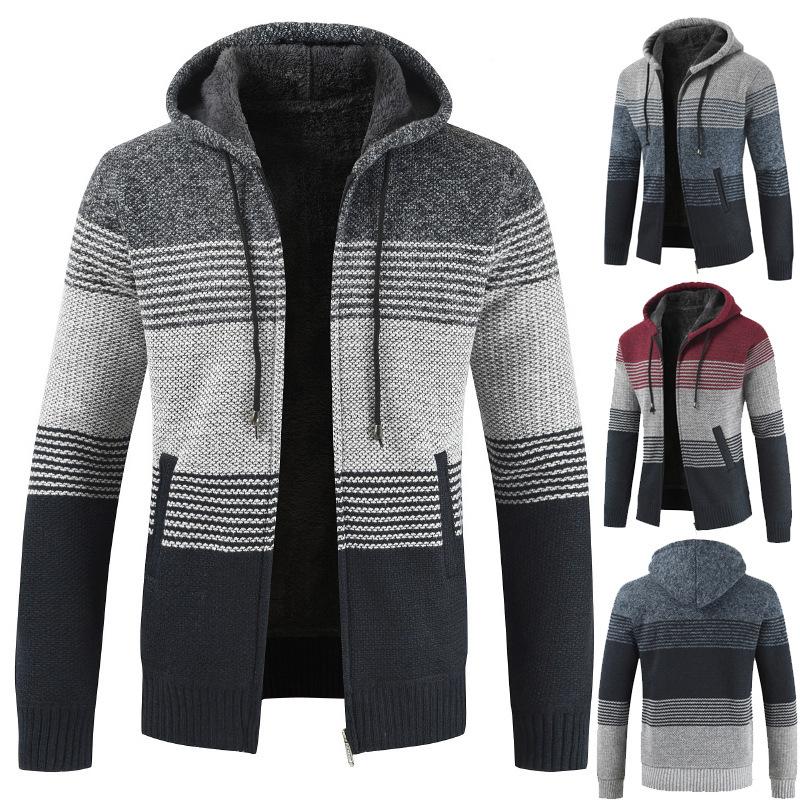 Mens Hooded Sweater Cardigan Loose Plus Fleece Thicken Colorblock Knit Sweater Jacket