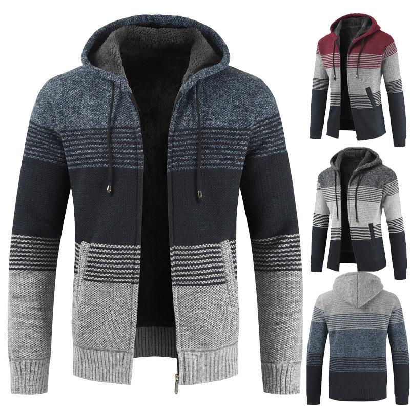 Mens Hooded Sweater Cardigan Loose Plus Fleece Thicken Colorblock Knit Sweater Jacket