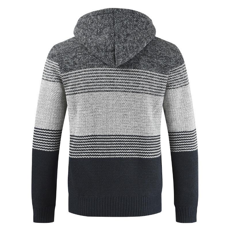 Mens Hooded Sweater Cardigan Loose Plus Fleece Thicken Colorblock Knit Sweater Jacket