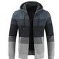 Mens Hooded Sweater Cardigan Loose Plus Fleece Thicken Colorblock Knit Sweater Jacket