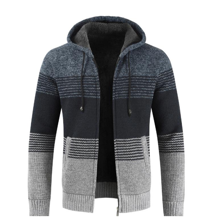 Mens Hooded Sweater Cardigan Loose Plus Fleece Thicken Colorblock Knit Sweater Jacket