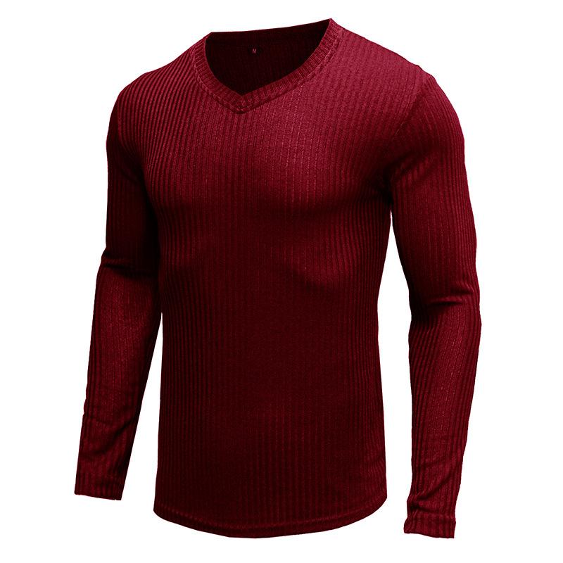 Men's solid color pullover V-neck casual sweater