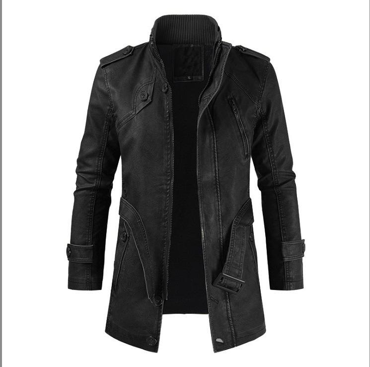 Mens Mid-Length Casual Stand-Collar Slim Leather Jacket