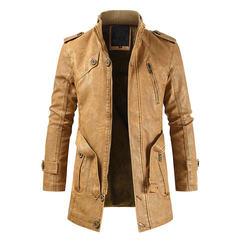 Mens Mid-Length Casual Stand-Collar Slim Leather Jacket