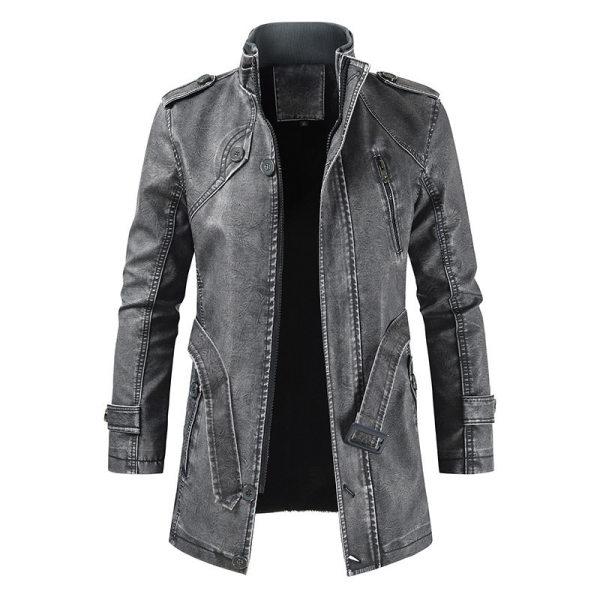 Mens Mid-Length Casual Stand-Collar Slim Leather Jacket