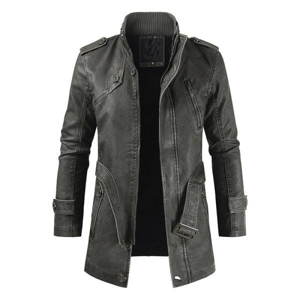 Mens Mid-Length Casual Stand-Collar Slim Leather Jacket