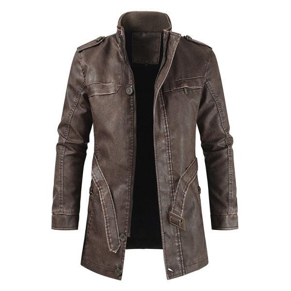 Mens Mid-Length Casual Stand-Collar Slim Leather Jacket