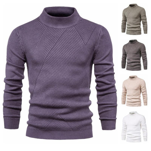 Mens Sweater Fashion Solid Color High Neck Slim Pullover Sweater