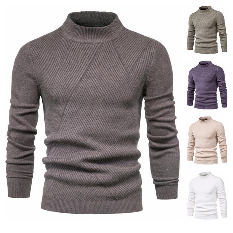 Mens Sweater Fashion Solid Color High Neck Slim Pullover Sweater