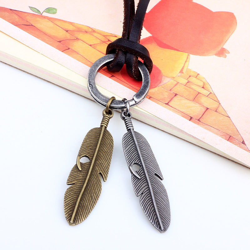 Real Cowhide Feather Necklace, Leather Rope Pendant