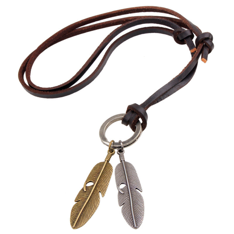 Real Cowhide Feather Necklace, Leather Rope Pendant