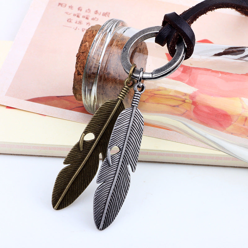 Real Cowhide Feather Necklace, Leather Rope Pendant