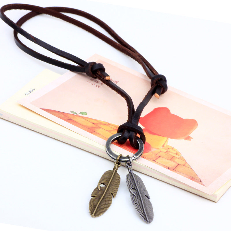 Real Cowhide Feather Necklace, Leather Rope Pendant