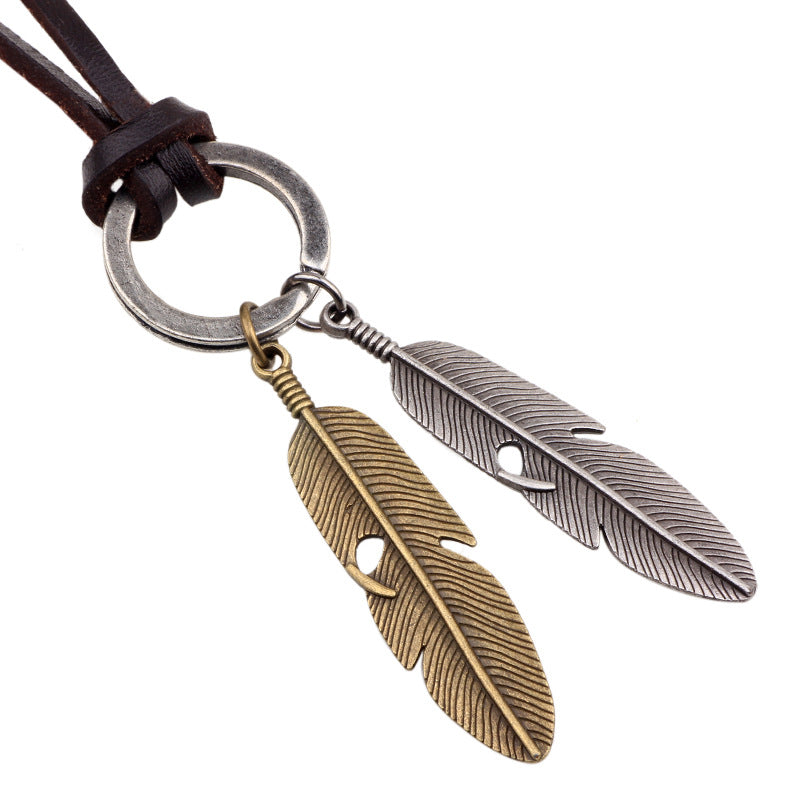 Real Cowhide Feather Necklace, Leather Rope Pendant