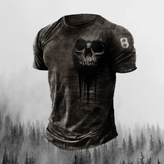 Mens Fashion Sleeve Cool Skull Print Round Neck Short Pullover