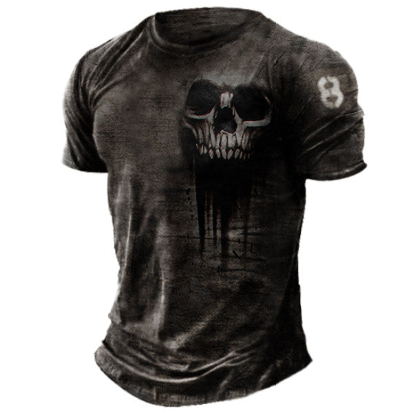 Mens Fashion Sleeve Cool Skull Print Round Neck Short Pullover