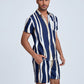 Mens Holiday Striped Chest Pocket Lapel Short Sleeve Drawstring Shorts Two Pieces Outfits