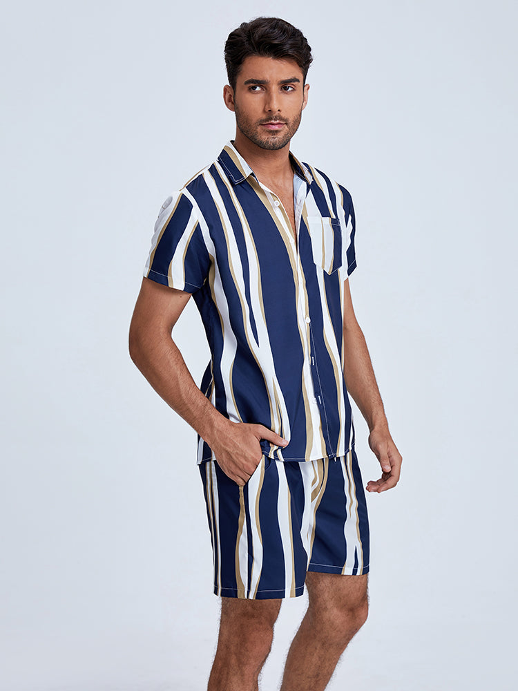 Mens Holiday Striped Chest Pocket Lapel Short Sleeve Drawstring Shorts Two Pieces Outfits