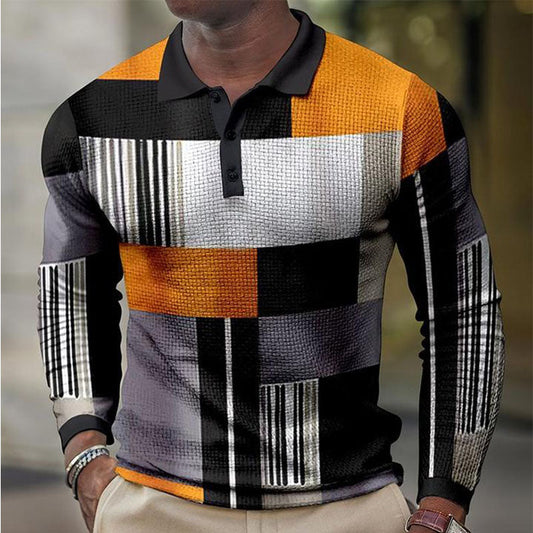 Long sleeve Men's Retro Contrast Color Long Sleeve Polo Shirt