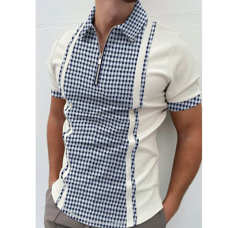 Houndstooth contrast short-sleeved polo shirt