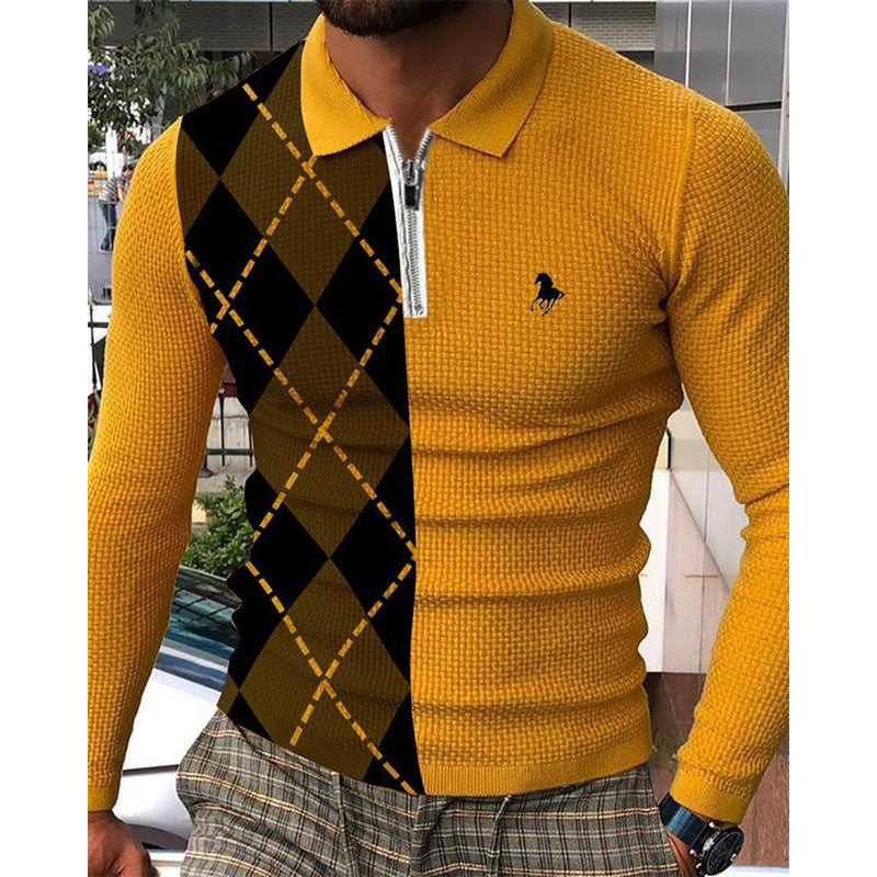 Men's casual retro geometric long-sleeved polo shirt