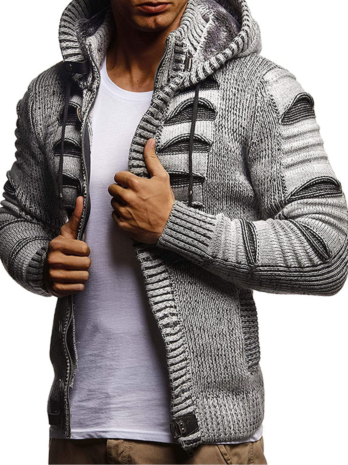 Men Cut-out Pattern Cap Collar Cardigan