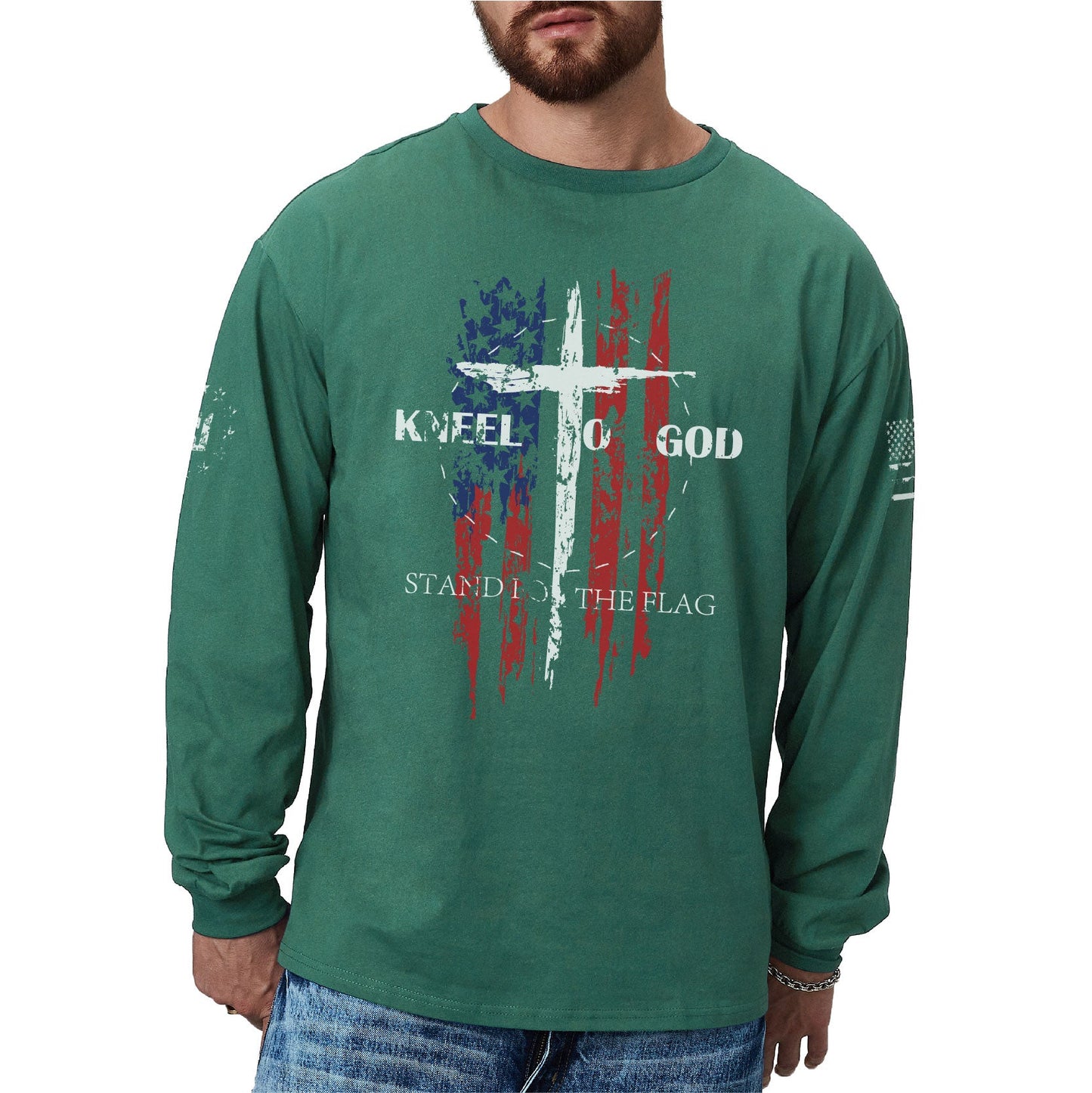 Men's 100% Cotton American Flag with Cross Graphic Round Neck Long Sleeve T-Shirts