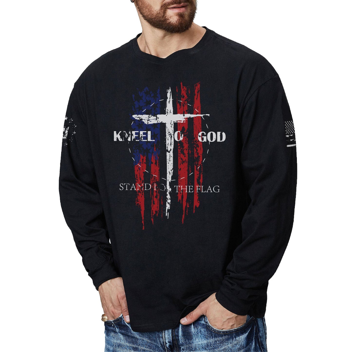 Men's 100% Cotton American Flag with Cross Graphic Round Neck Long Sleeve T-Shirts