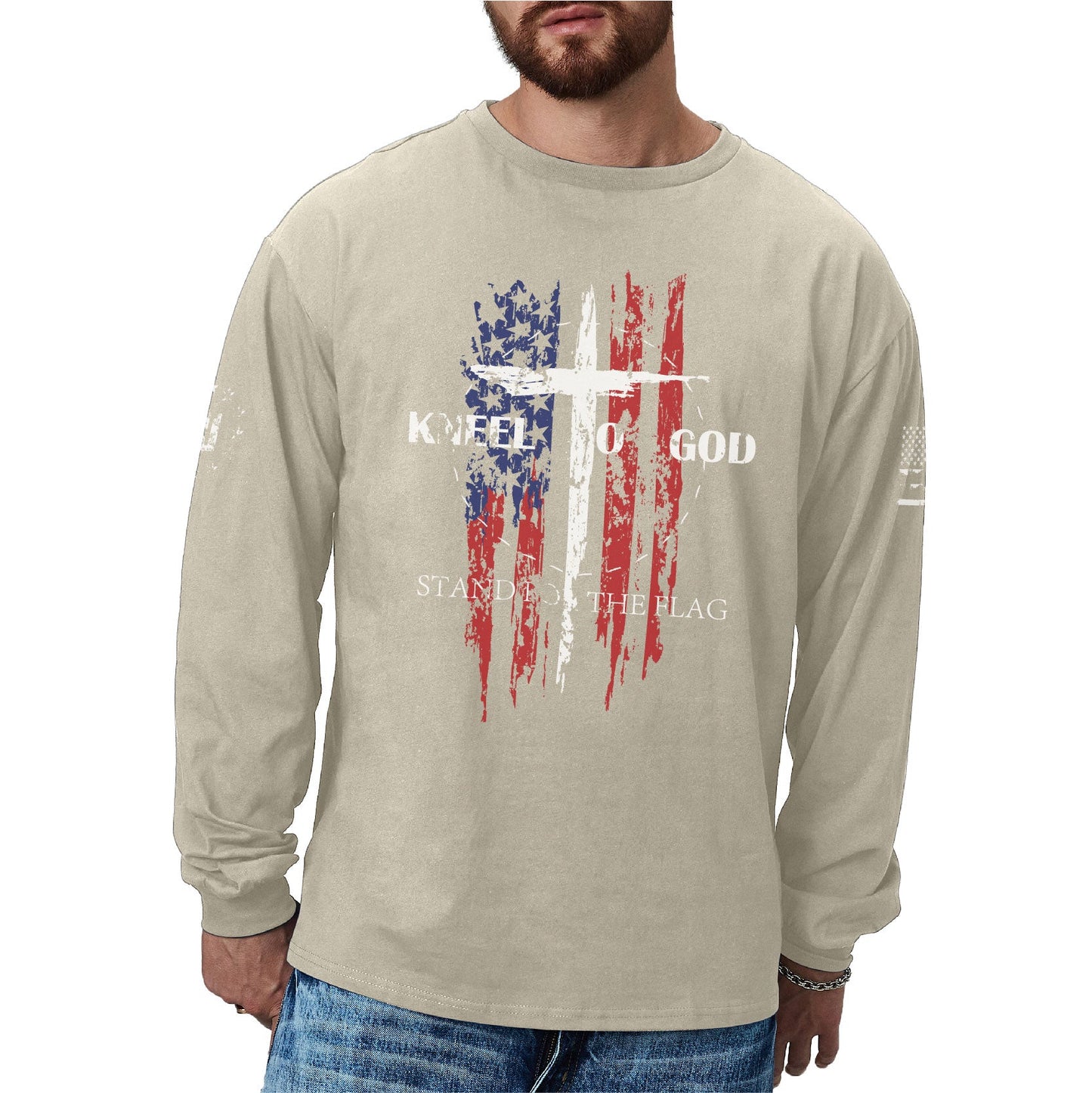 Men's 100% Cotton American Flag with Cross Graphic Round Neck Long Sleeve T-Shirts