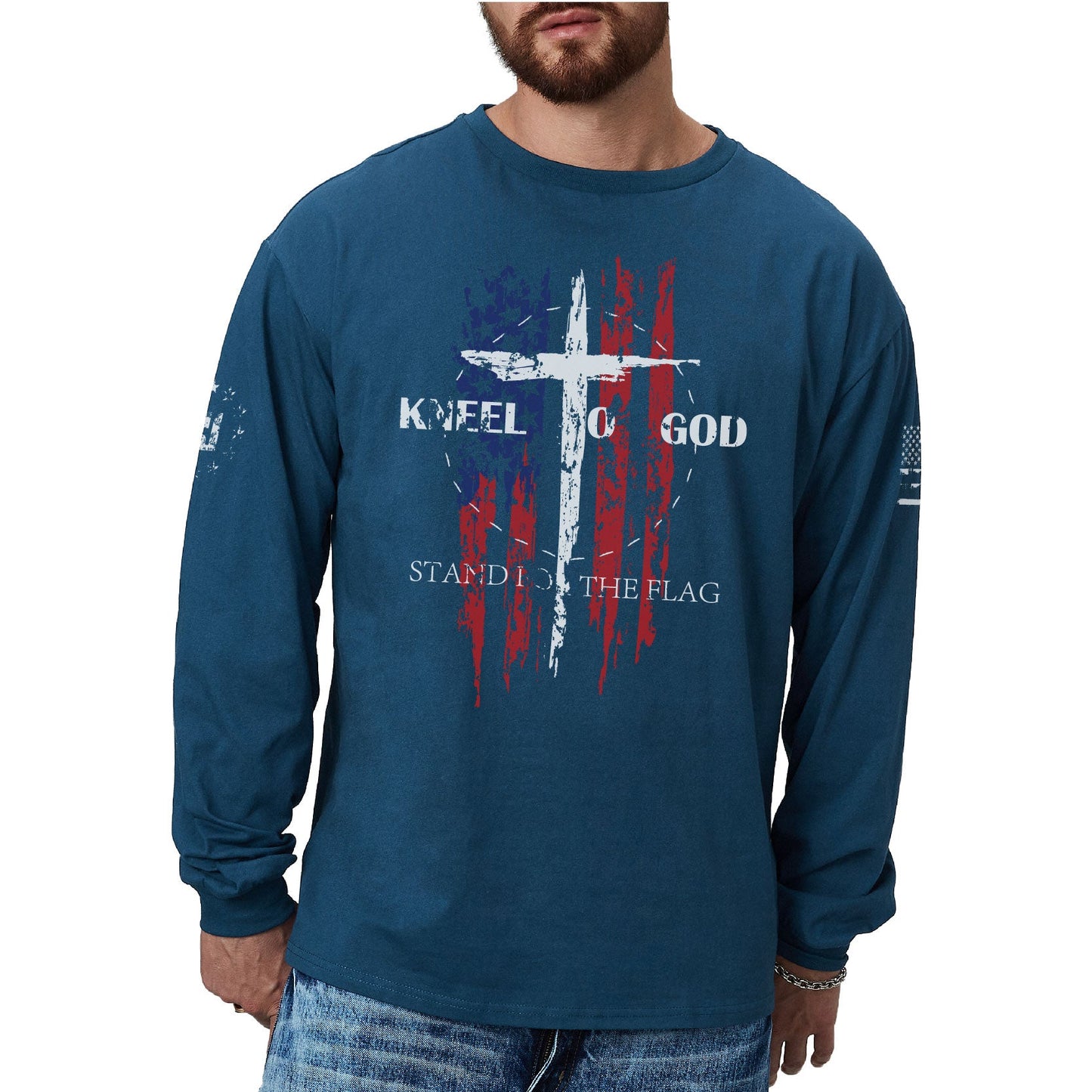 Men's 100% Cotton American Flag with Cross Graphic Round Neck Long Sleeve T-Shirts