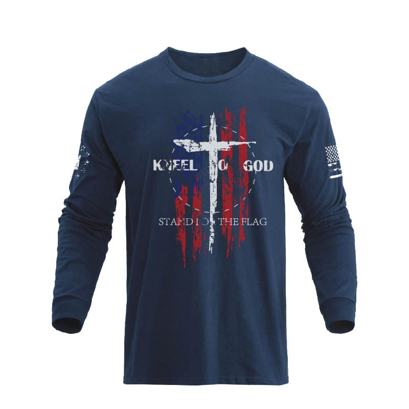Men's 100% Cotton American Flag with Cross Graphic Round Neck Long Sleeve T-Shirts