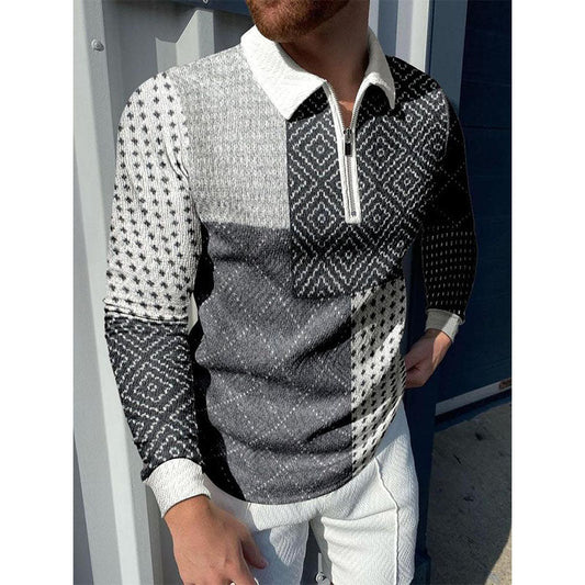 Men's casual retro geometric long-sleeved polo shirt