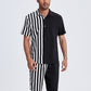 Mens Patchwork Stripe Pocket Drawstring Short Sleeve Two Piece Outfits